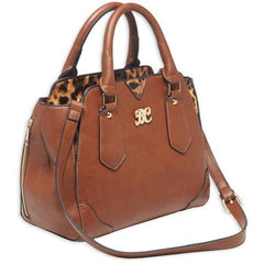 Bulldog Satchel Style Conceal Carry Purse W/ Holster Chestnut W/ Leopard Trim