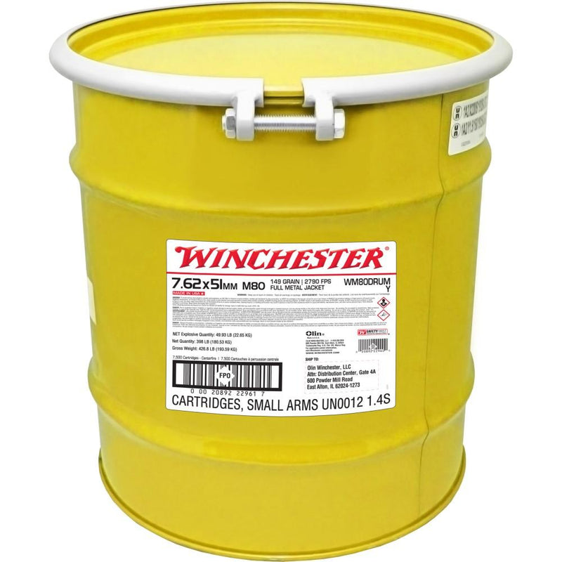 Winchester USA Lake City M80 Rifle Ammunition 7.62x51mm 149 gr. FMJ 2790 fps 7500/drum