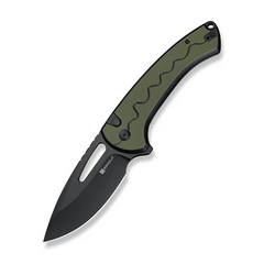 SENCUT Squiggy Flipper & Thumb Hole & Button Lock Knife Black / Green G10 Handle