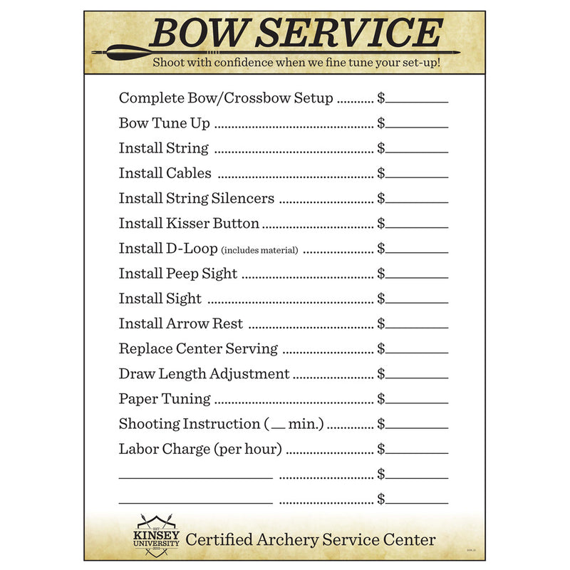 Kinsey's Bow Service Price Chart