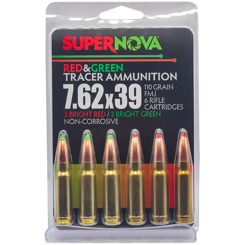 Supernova Tracer Rifle Ammunition  7.62x39 110 gr. FMJ Green & Red Tracer 6 rd.