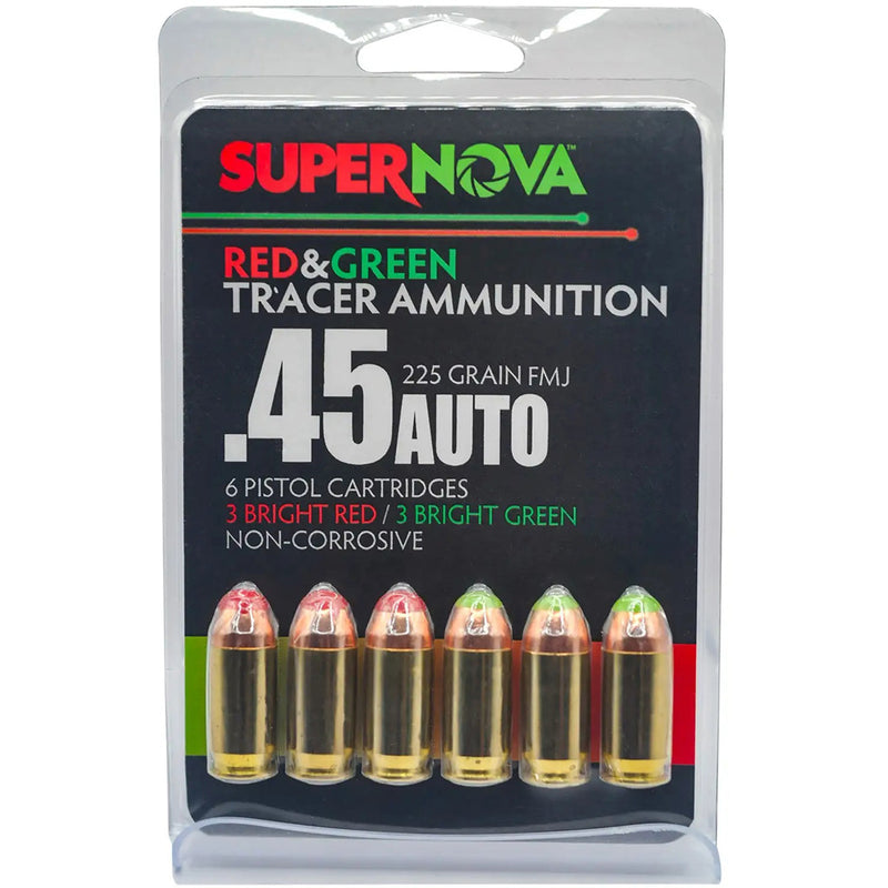 Supernova Tracer Pistol Ammunition  45 Auto 225 gr. FMJ Green & Red Tracer 6 rd.