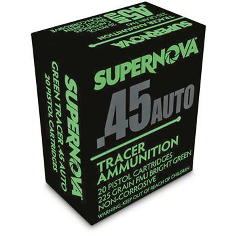 Supernova Tracer Pistol Ammunition  45 Auto 225 gr. FMJ Green Tracer 20 rd.