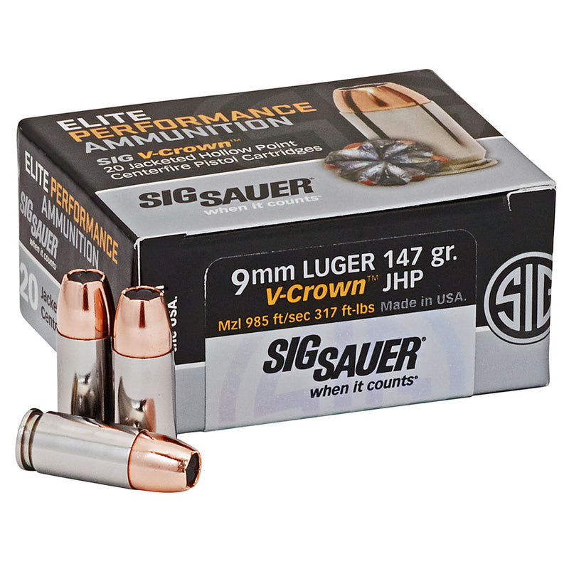 Sig Sauer Elite V-Crown Performance Pistol Ammo 9mm 147 gr. JHP 20 rd.