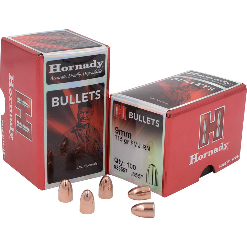 Hornady FMJ Round Nose Bullets 9 mm. .355 in. 115 gr. 100 pk